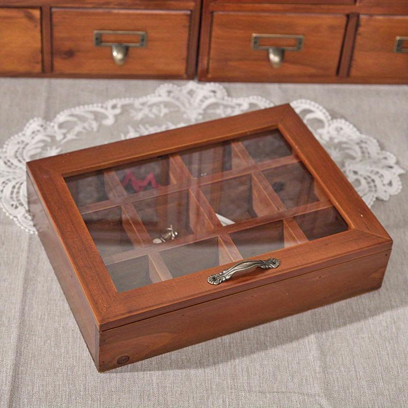 12 Grid/9 Grid 1pc jewelry&Tea&Spices Wooden Storage Showcase Box with Transparent Lid, Vintage Multifunctional Storage Home Furnish.