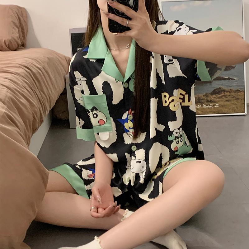 

Internet celebrity style ice silk pajamas women s short-sleeved cardigan summer can wear silk cartoon cute women s loungewear suit XXL