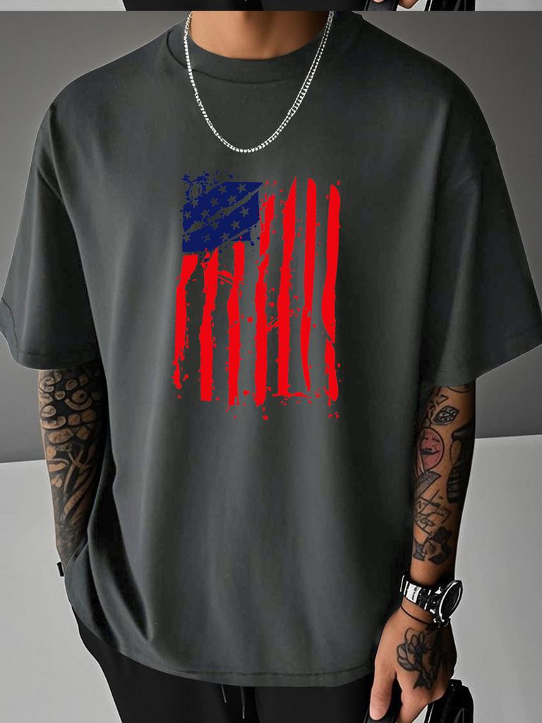 Unisex Summer White Short Sleeve Tee Vintage Distressed Usa American Flag Graphic Print Crew Neck Loose Streetwear Male Casual Tops