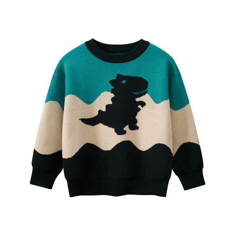 27kids K-style Children's Clothing Spring and Autumn Children Dinosaur Sweater Boys' round Neck Knitwear Baby Boys' 100% Cotton Coat