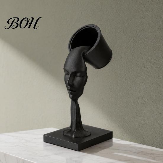 Minimalist Face Sculpture Abstract Human Sculpture, Surrealism Artistic Statue, 3D Printed Figurine Modern Black Floating Bucket for Home Table Shelf
