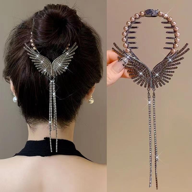 

Заколки с кристаллами ангельских крыльев для женщин и девочек, стразы, кисточка, хвост, булочка для волос, заколка на пуговицах, золотые модные аксессуары чёрный