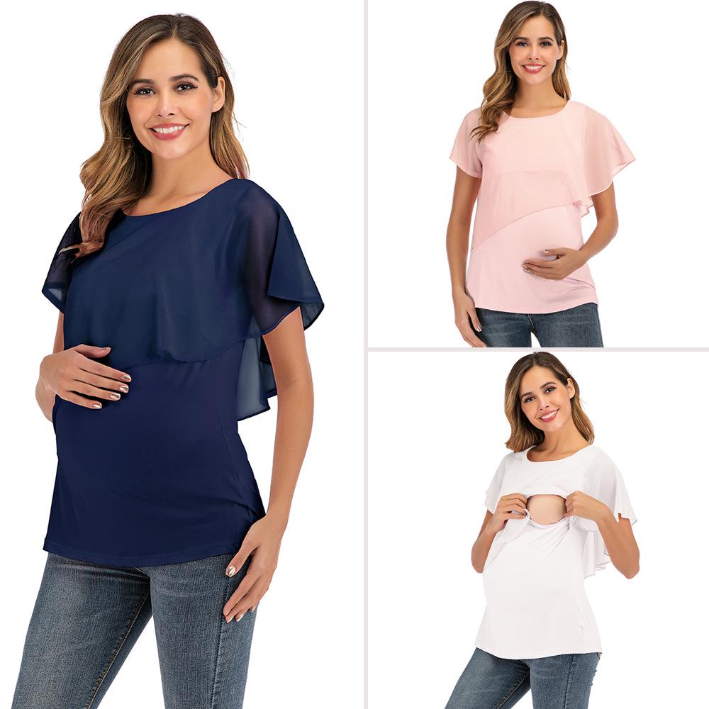 2023 Women's Chiffon Patchwork Maternity Nursing Top, Summer Short Sleeve