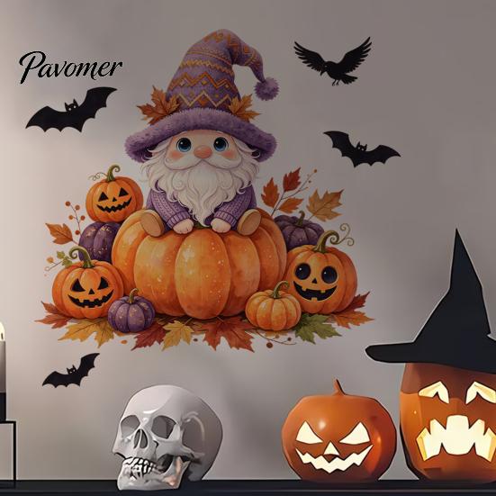 Cartoon Gnome Pumpkin Wall Decor Halloween Dwarf Stickers, Self Adhesive Removable PVC Decals, Autumn Leaves Festival Atmosphere Stickers And