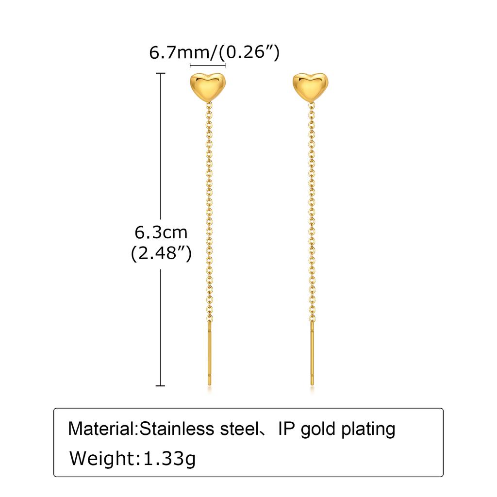 Heart Threader Earrings for Women, Stainless Steel Long Chain Drop Earrings, Love Shape Threader