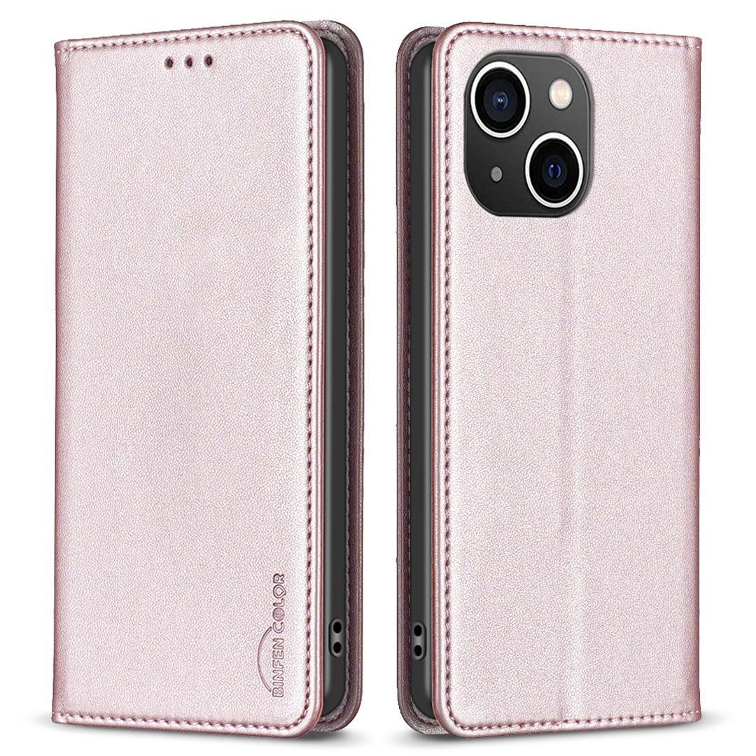 

BINFEN COLOR BF18 Phone Stand Cover for iPhone 14 Plus PU Leather Card Holder Protective Phone Case Rose Gold