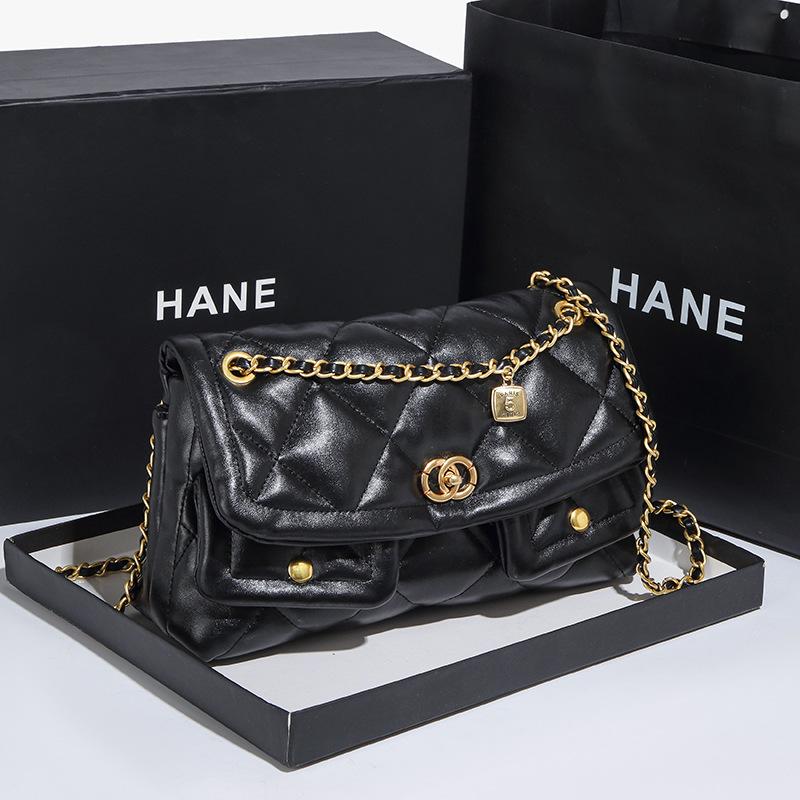 Xiaoxiangfeng Cowhide Diamond Grid Chain Bag Women's New Large Capacity High-end Double Pocket Shoulder Crossbody Bag