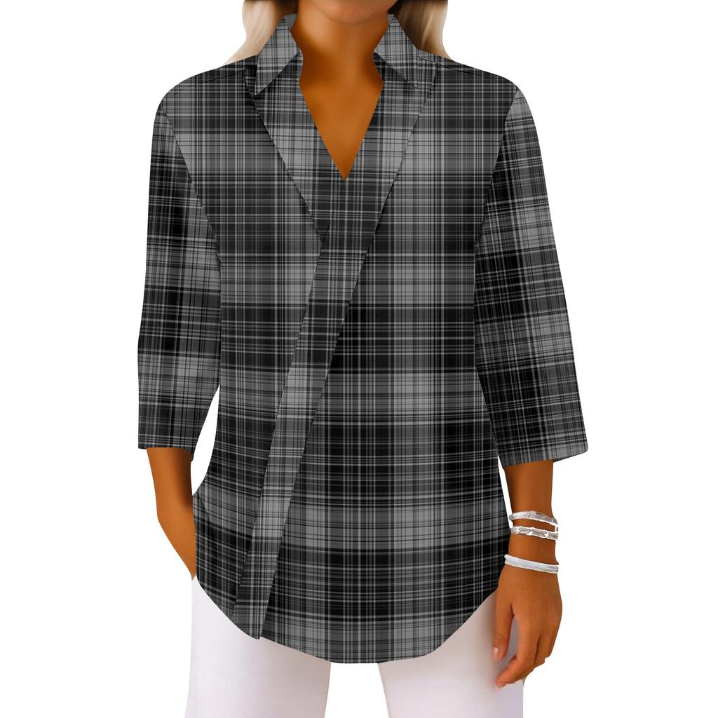 3/4 Length Sleeve Womens Tops V Neck Shirts Trendy Printed Business Casual Work Blouses