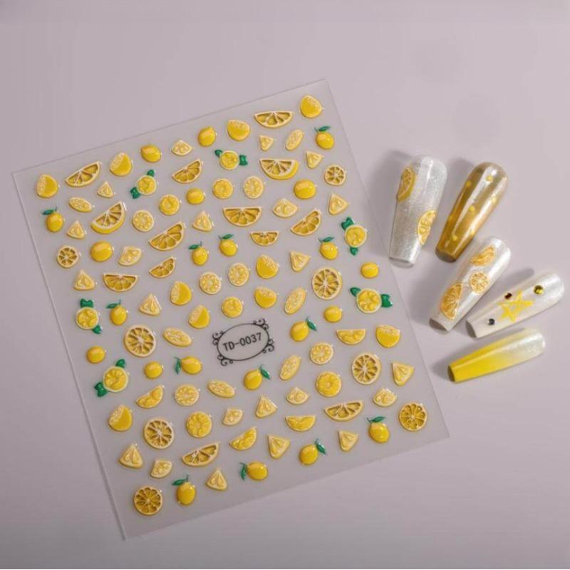 3pcs 5D Summer Lemon Nail Art Sticker Emboss Fruit Self-Adhesive Nail Decals Nails DIY Manicure Decoration for Girls and Women