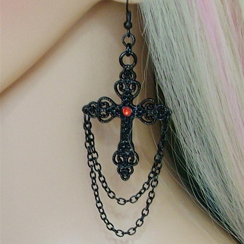 New Gothic Black Ruby Cross Long Chain Earrings