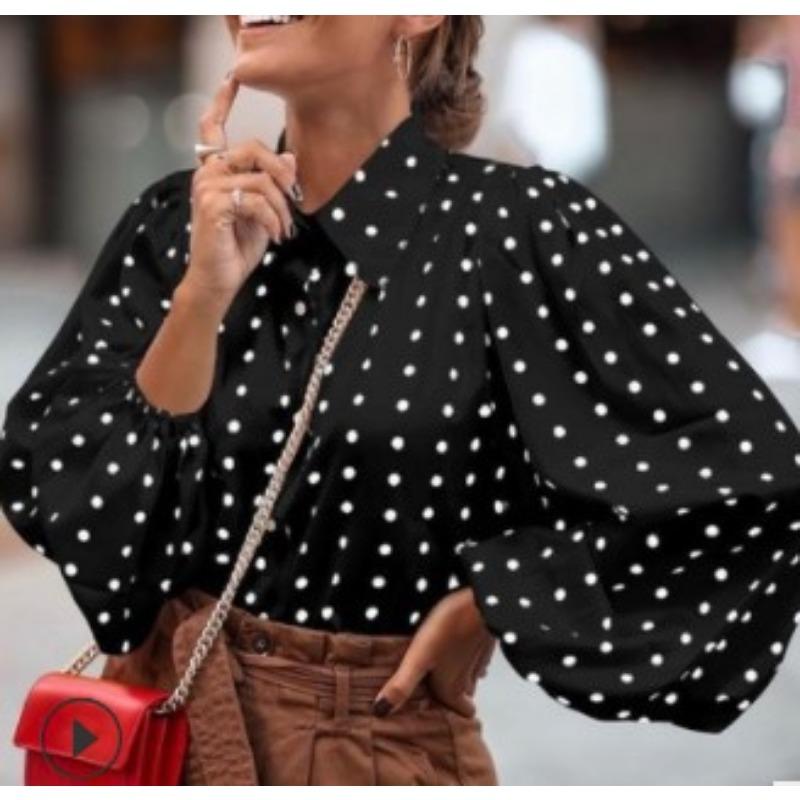 Women S Long Sleeve Loose Fit Polka Dot Lantern Sleeve Shirt