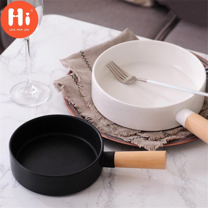 Hi Nordic Round Steak Dinner Plate Pan With Wood Handle Creative Pasta Salad Bowl Simple Ceramic Food Container Kitchen Tableware