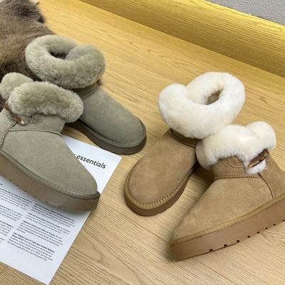 Fur Integrated Snow Boots Women's Short Boots Thick-soled Horn Buckle Women's Boots Autumn and Winter Velvet Warm Cotton Boots Genuine Leather Cotton