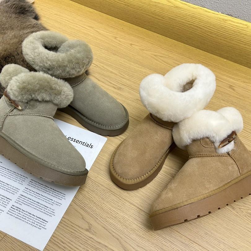 Fur Integrated Snow Boots Women's Short Boots Thick-soled Horn Buckle Women's Boots Autumn and Winter Velvet Warm Cotton Boots Genuine Leather Cotton