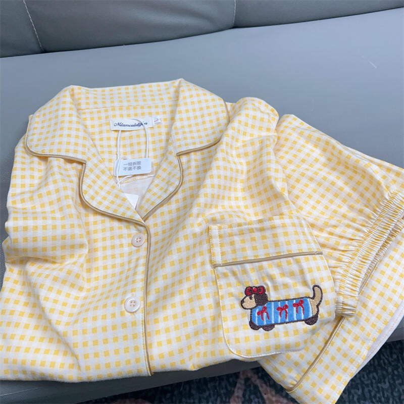 

Japanese princess style yellow plaid sausage puppy pajamas women s summer short-sleeved shorts cardigan two-piece loungewear XXL