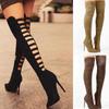 Sexy Dameslaarzen Suède Lange Laarzen Mode Achterkant Hol Over de Knie Laarzen Puntige Neus Pumps Dunne Hak Grote Maten Stretch Laars