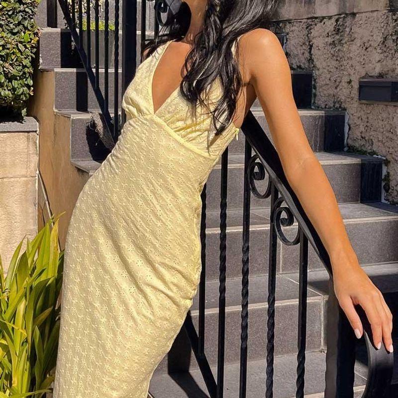 

2025 Foreign Trade Women clothes European and American Summer Sexy V-neck Sleeveless Long Slim fit Sheath Temperament Slimming Dress Light yellow L