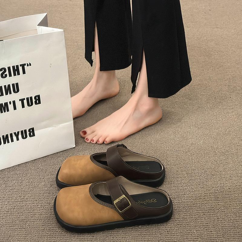 

2025 Women Leather Slippers Indoor Slip-on Ladies Mules Shoes Square Toe Beach Slippers With Arch Support Fashion Women Sandals 40 коричневий
