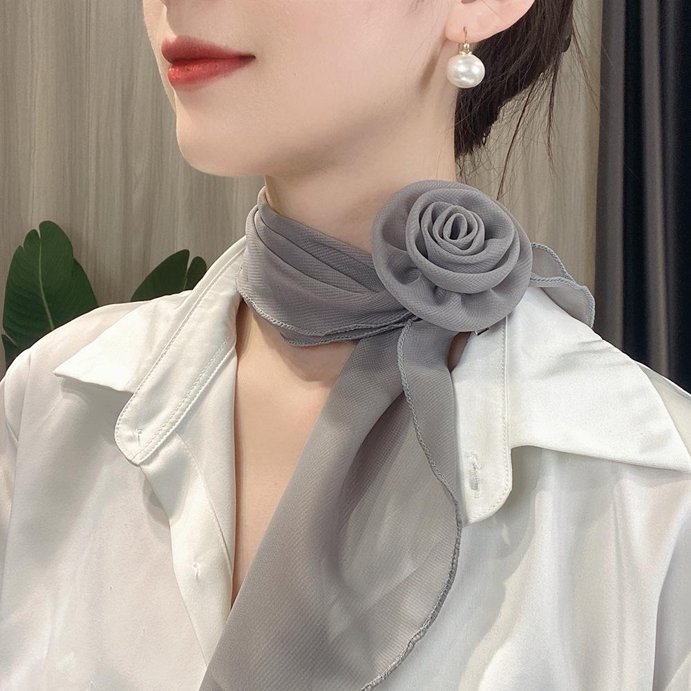 Summer Solid Color Rose Blossom Silk Scarf for Women Versatile and Stylish Thin Scarf for Neck Protection