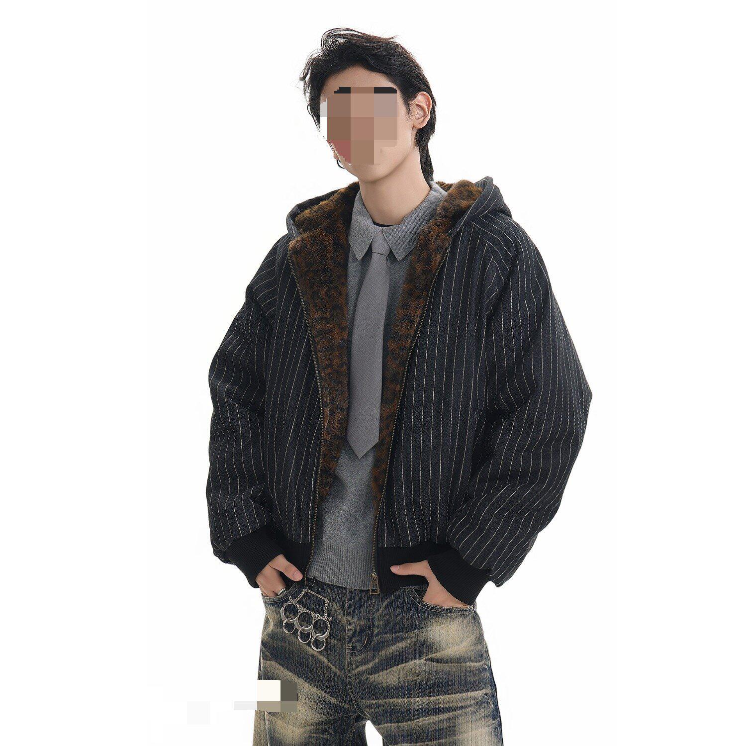 

Unisex Retro Leopard Print Hooded Cotton Jacket - Striped, Loose-Fit Outerwear XXL чорний