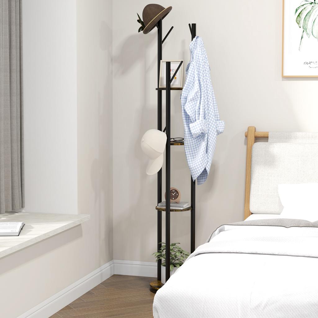 Rotating Floor Coat Rack with 8 Hooks and 4 Shelves in Industrial Style, diameter 30x175cm, Brown