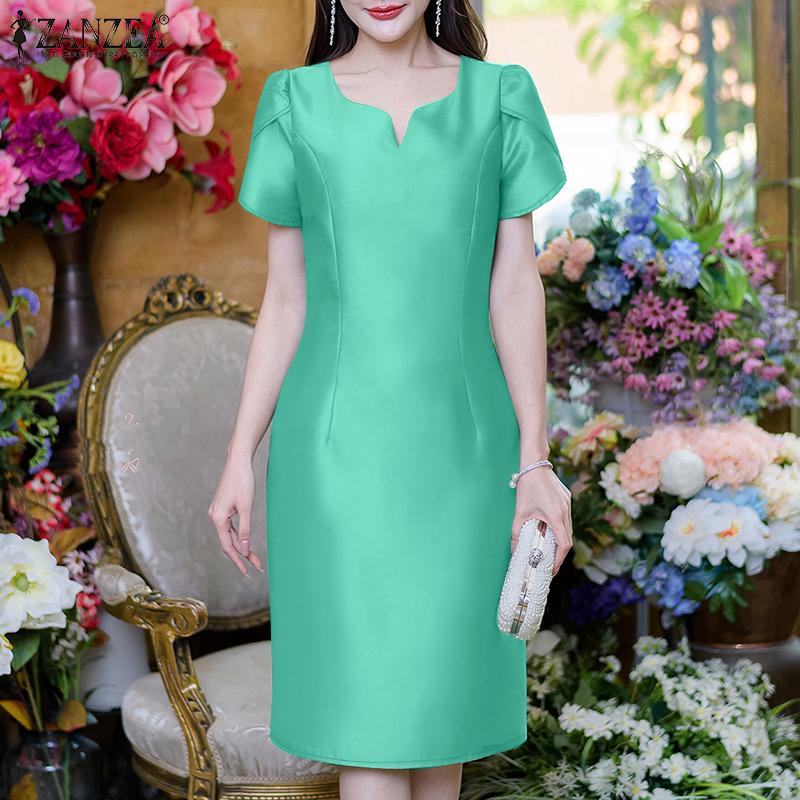 

ZANZEA Women Casual V-Neck Solid Color Summer Short Sleeve Dress 5XL жовтий