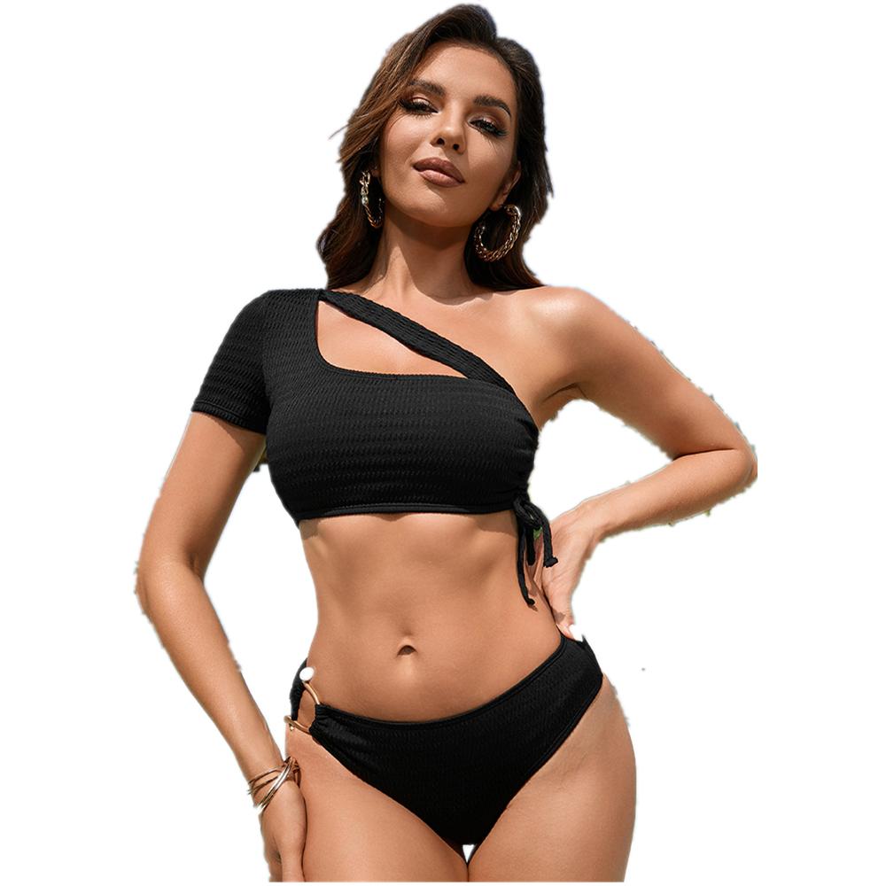 Dámské sexy souprava bikini s rozdvojeným trojúhelníkem zavazovací tanga plavky na jedno rameno jednobarevné