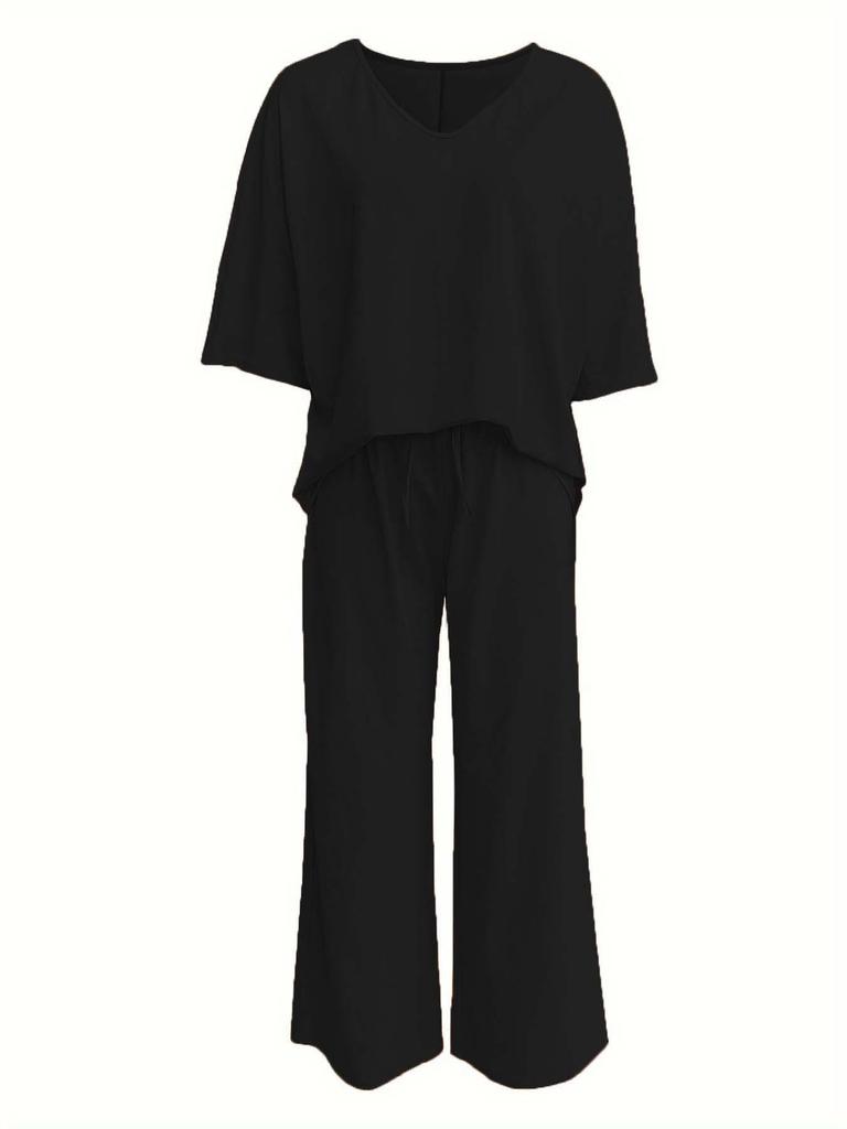 V-Neck Batwing Sleeve Casual Two-Piece Set with Wide-Leg Pants (2025) Women's Fashion