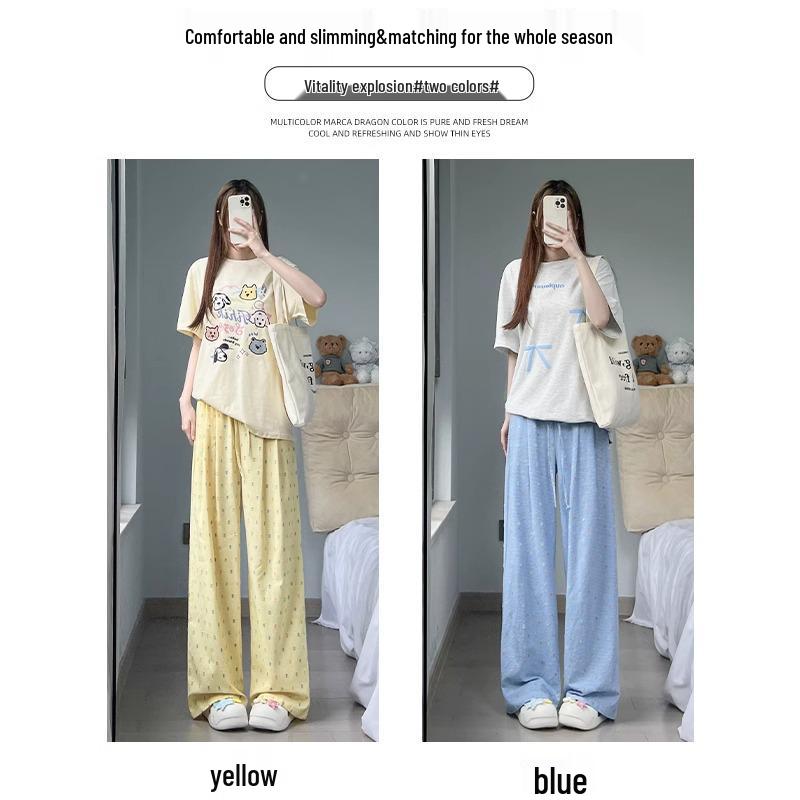 Women's 2024 Summer Yellow Polka Dot Wide-Leg Ice Silk Pants