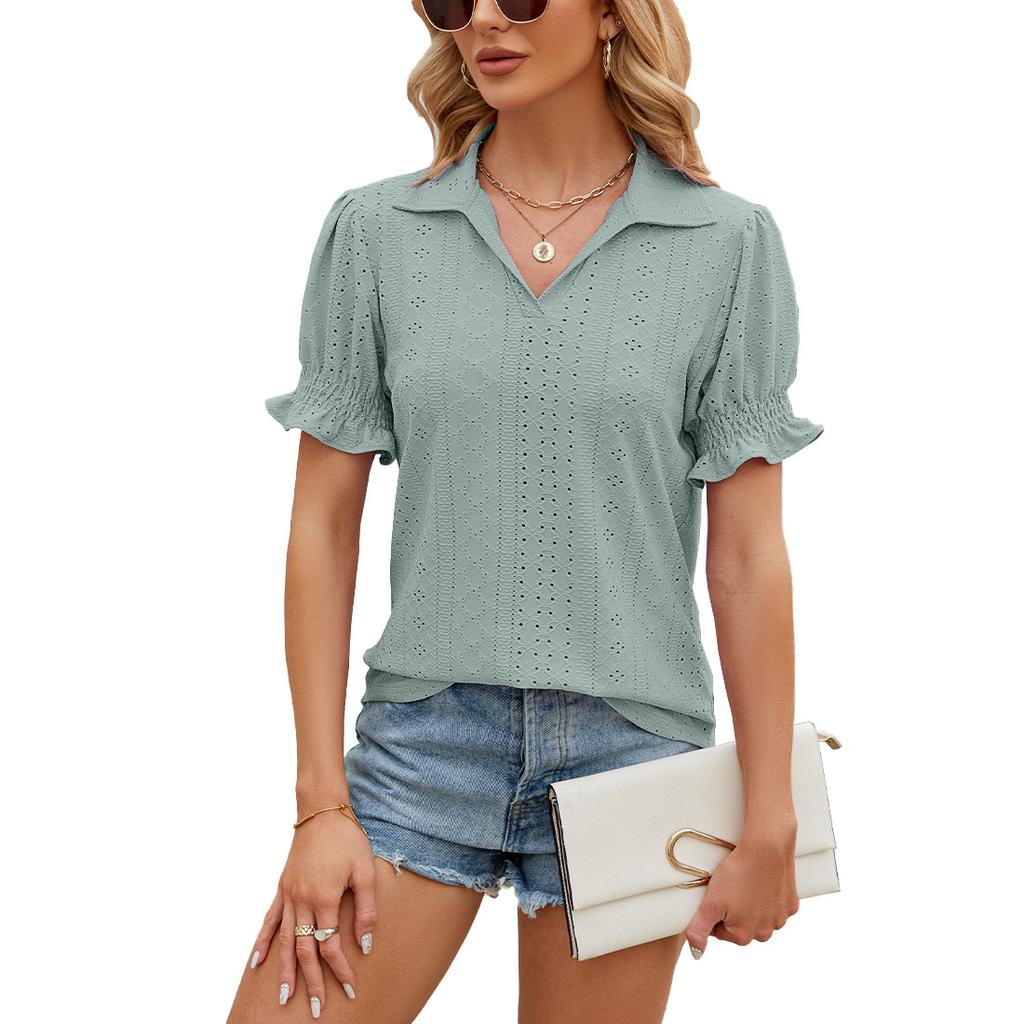 GMXIA Women's Fashion Casual Summer Solid Color Print Short Sleeve Tuck Lapel Loose Blouses & Shirts