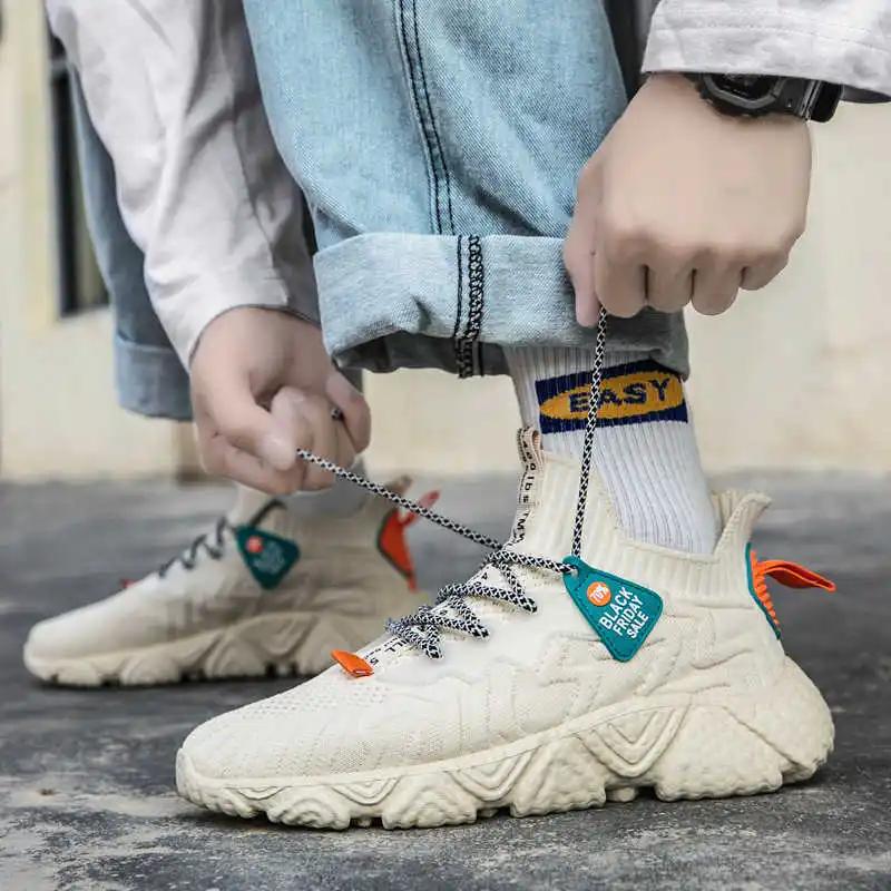 Lace-up Sumer Sneakers Men's High Cut Mens Blue Shoes Long Boots White Sport Athlete Tines Genuine Brand Tenisky Badkets