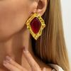 Vintage Red Resin Pleated Stud Earrings For Women Punk Metal Irregular Geometric Leaf Shaped Earrings  Party Zircon Gift