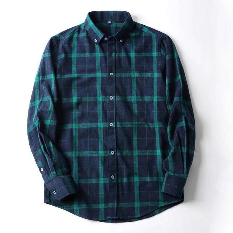 Men's Plaid Shirt - Pure Cotton Flannel, Long-Sleeved, Button Collar, Soft, Warm, Casual