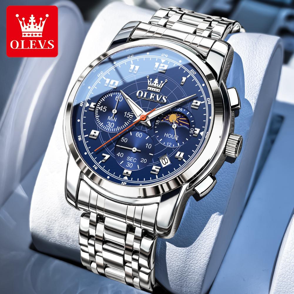 OLEVS Mens Watch Sports Multifunctional Moon Phase Quartz Wristwatch Steel Strap Waterproof Luminous Watches For Man Gift 2983