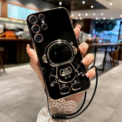 For Samsung S26 Ultra S26Edge Cartoon Astronaut Holder Plating Phone Case For Galaxy S26 Plus S26+ Lanyard Shockproof Cover