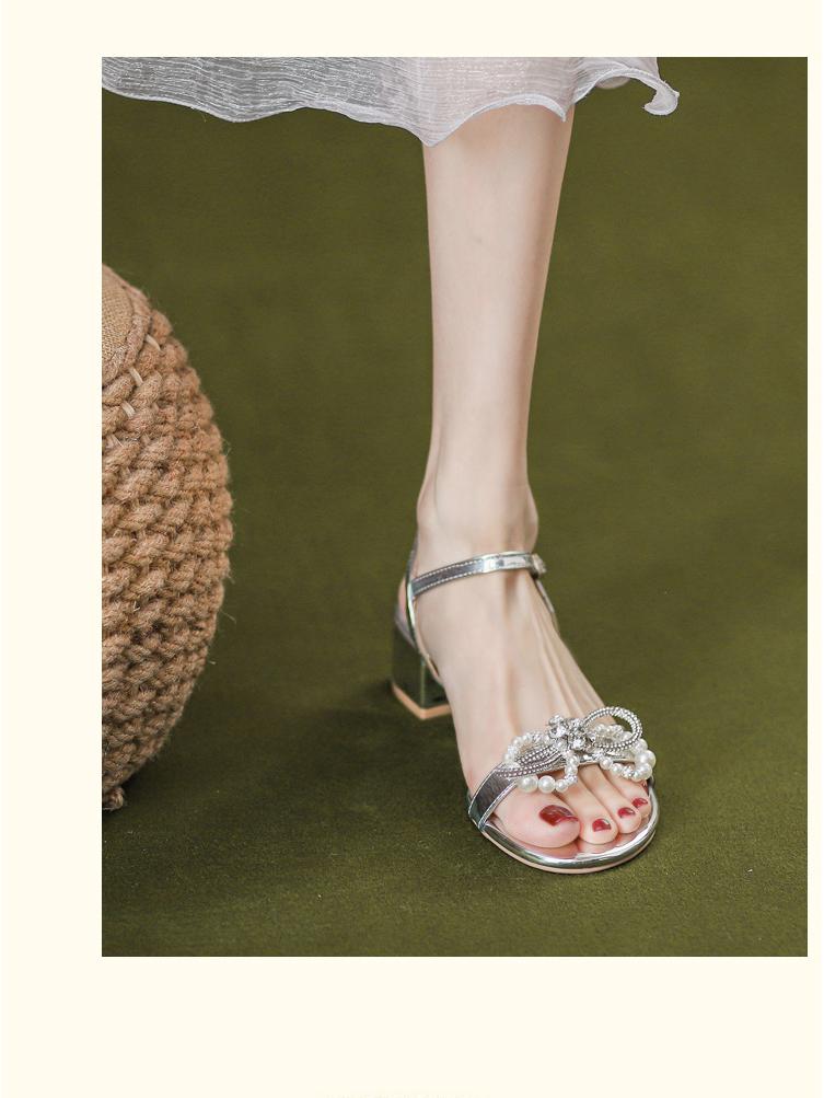 2024 Silver Glitter Chunky Heel Sandals with Bow and Pearl Strap - Women's High-End Rhinestone Shoes