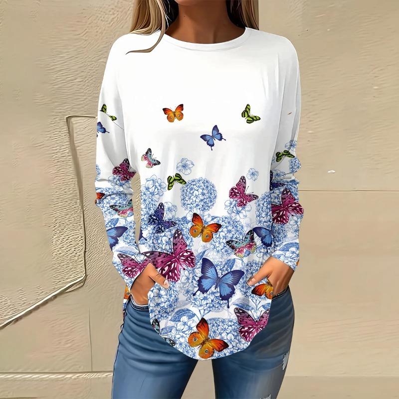 Plus Size Butterfly Print Sports-Shirt Casual Long Sleeve Round Neck Pullover Women's Plus Size Clothing