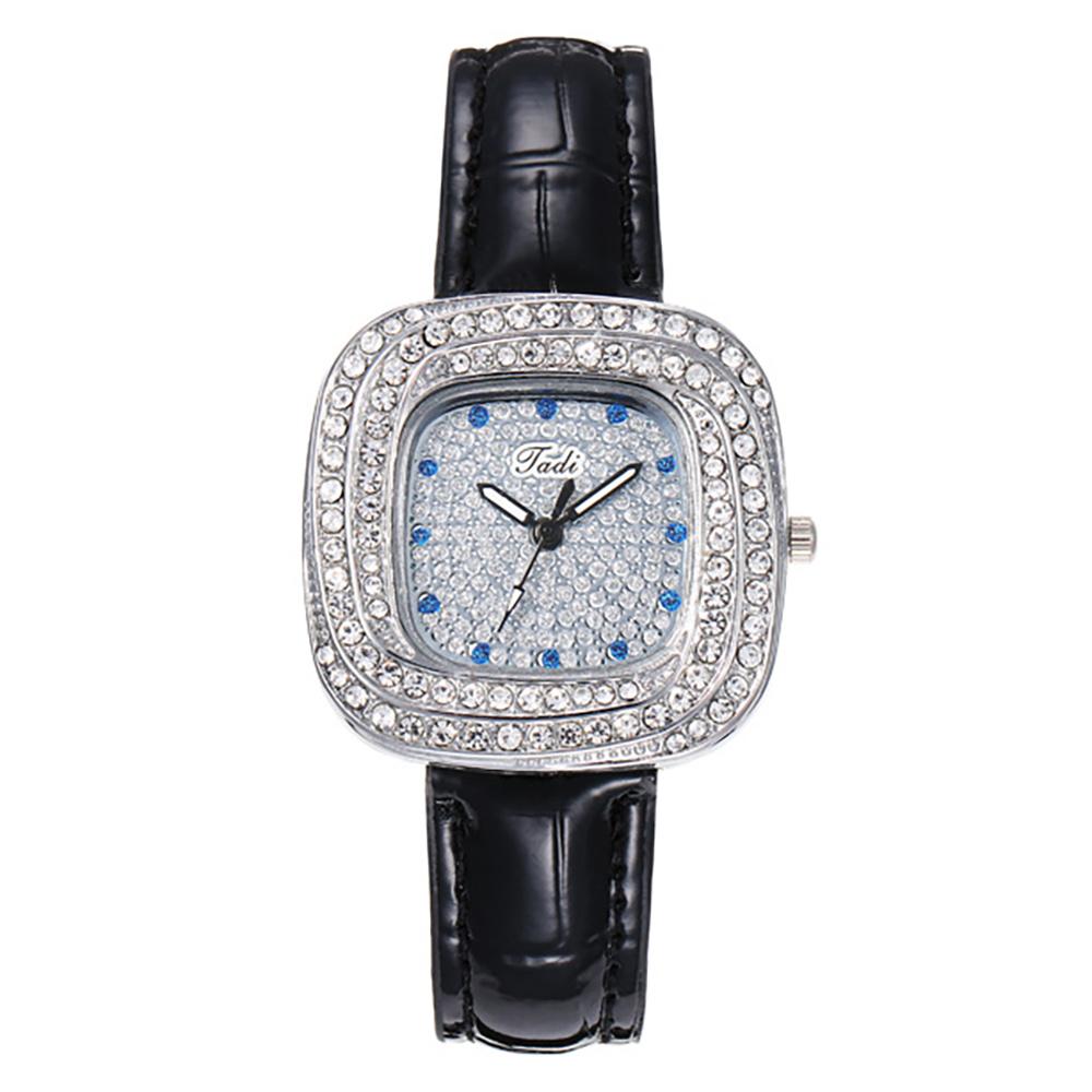Women s New Luxury Full Star Diamonds Square Quartz Watch Business Women s Green Leather Casual Dress Clock Wristwatch чёрный