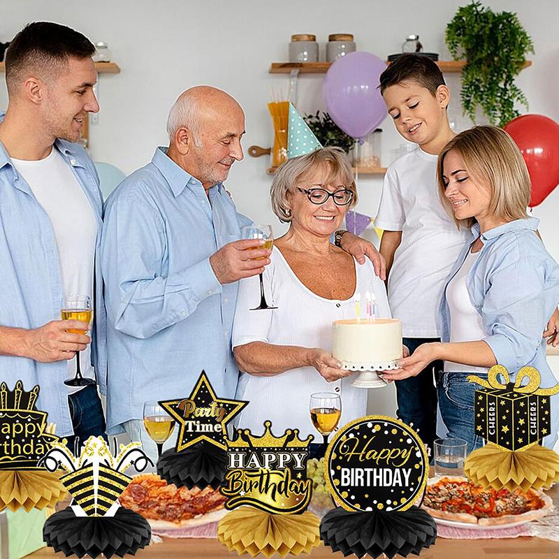 9 Pcs Happy Birthday Party Table Decorations | Black And Gold Birthday Center Pieces For Table | Honeycomb Table Centerpieces