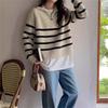 Women's Versatile Color Block Striped Knit Sweater - 2024 Autumn/Winter Half-High Collar Zipper Lapel