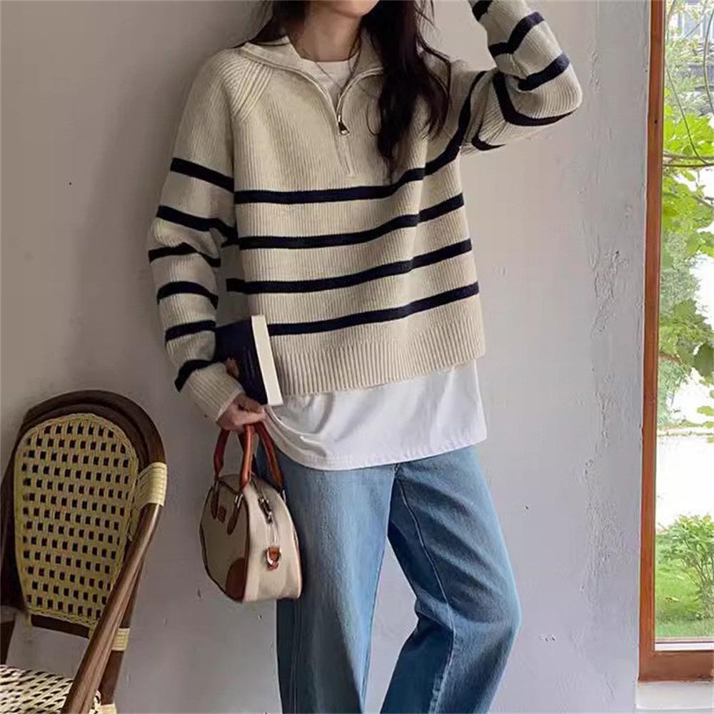 Women's Versatile Color Block Striped Knit Sweater - 2024 Autumn/Winter Half-High Collar Zipper Lapel