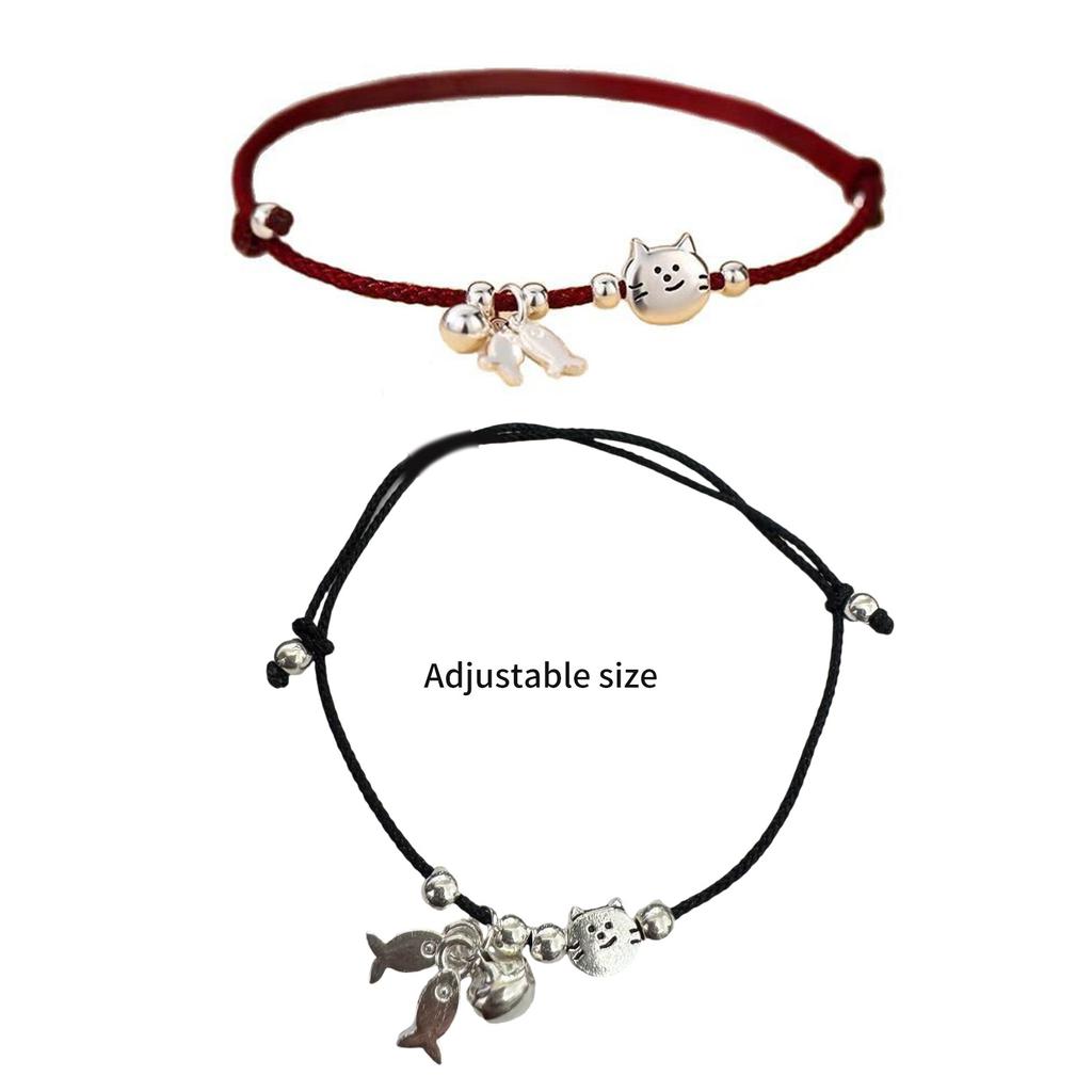 Pack Of 2 Matching Cat And Fish Design Red Black Cord Bracelets Handcrafted Wrist Chain For Couples Friends