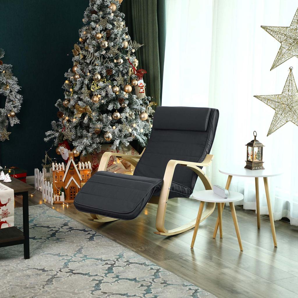 SONGMICS Birch Wood Relaxing Rocking Chair with Adjustable Footrest Max Load: 150 Kg Gray