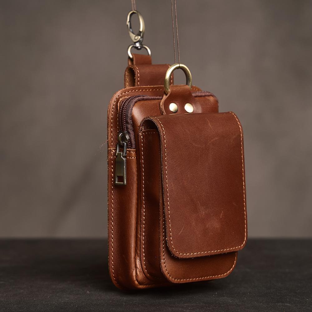 Men's Leather Waist Bag Trendy Men's Outdoor Sports Top Layer Cowhide Leather Bag Crazy Horse Leather Multifunctional Hanging Belt Mobile Phone Bag