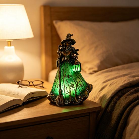 Spooky Home Decor Ornament Halloween Witch Tabletop Lamp, Gothic Night Light with Broom & Lantern, Desktop for Bedroom USB Powered Ambient Mantel