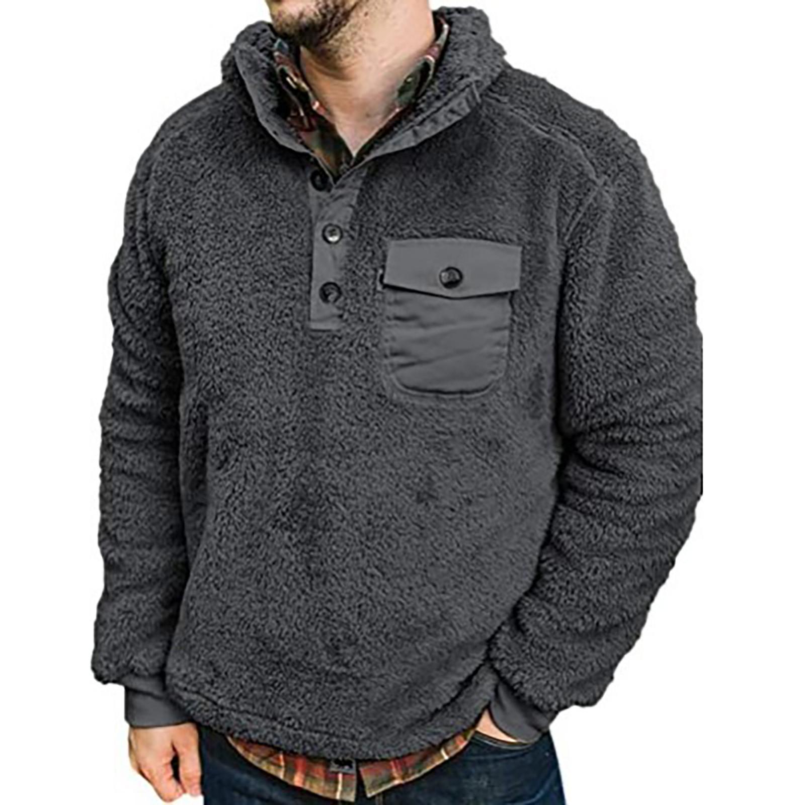 Men s Solid Color Plush Warm Coat Fleece Sweater Casual Coat Pocket Sweater Autumn Winter Coat L серый