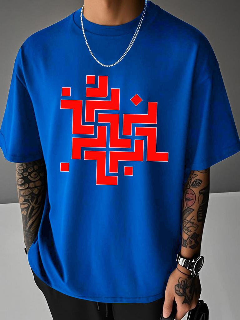 Unisex Summer Beige Short Sleeve Tee Red Arabic Geometric Line Graphic Print Crew Neck Loose Daily Casual Male Fashion Tops
