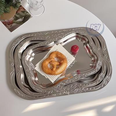 3pcs Elegant Stainless Steel Serving Tray Set Retro Dessert Breakfast Trays Decor Plate with Floral for Serving Drinks and Snack