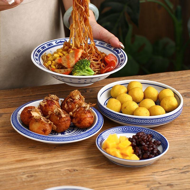 Conjunto Tigela Dragão Porcelana Azul e Branca – Tigelas Cerâmicas para Sopa de Arroz e Macarrão Prato Sob Esmalte