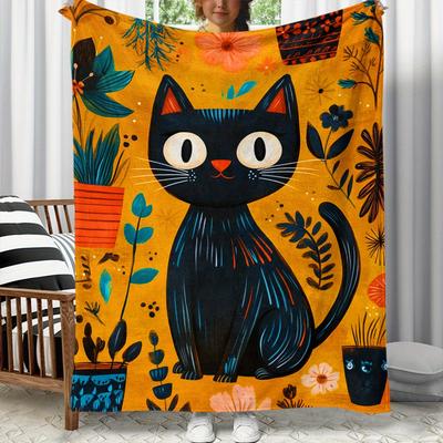Black Cat with Floral Background Artistic Fleece Blanket Vibrant Yellow Orange Pattern Soft Plush Throw Blanket for Home Decor